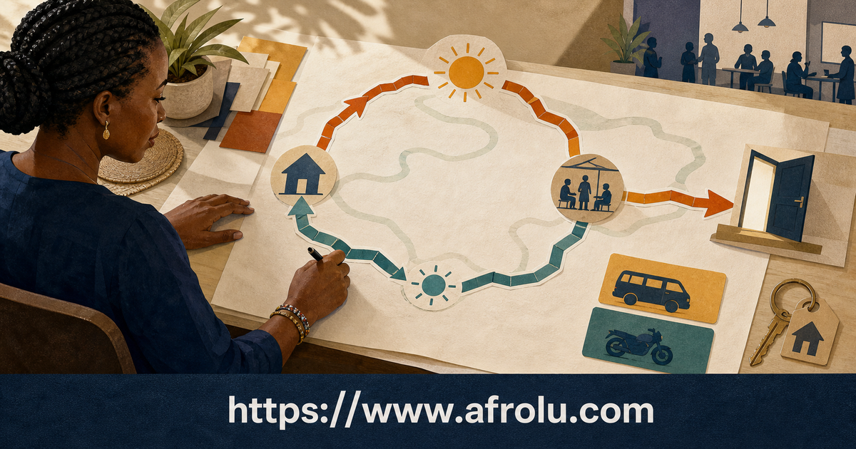 A Lodwar adult reviews an abstract outward and return route with heat, public-setting and independent-transport symbols