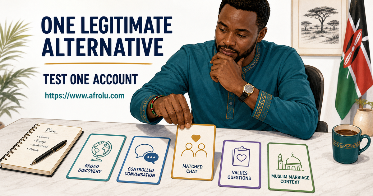 A Kenyan reader compares five distinct alternative dating workflow cards and selects one account to test