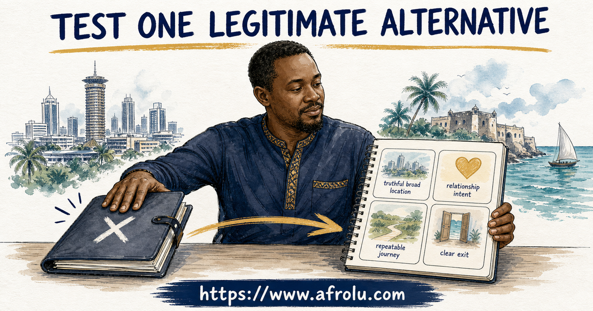 A Kenya adult closes an unavailable Hinge comparison and opens one honest alternative account with location, intent, route and exit cards