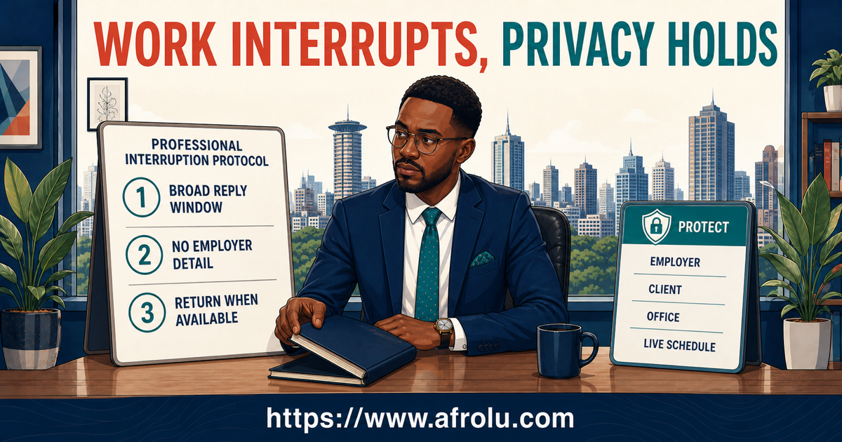 A Nairobi professional states a broad reply window, protects workplace detail and returns to a conversation after an interruption