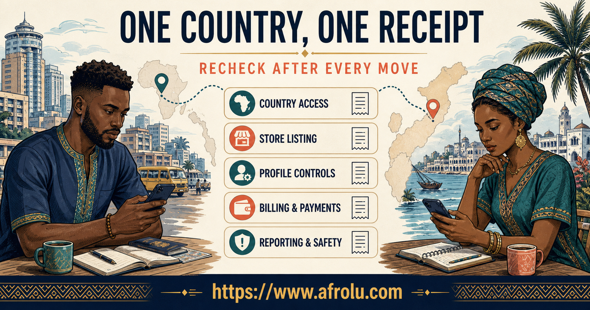 Two African adults recheck country access store listing profile controls billing and reporting after a move