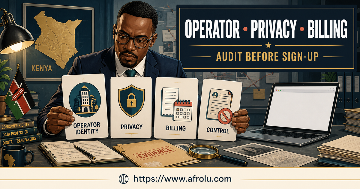 A Kenyan investigator audits operator identity privacy billing and account controls beside a blank browser