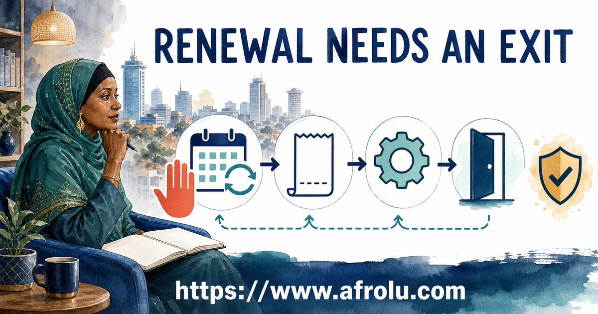 A Kenyan Muslim woman follows renewal calendar, receipt, settings, exit and confirmation as a reversible subscription path