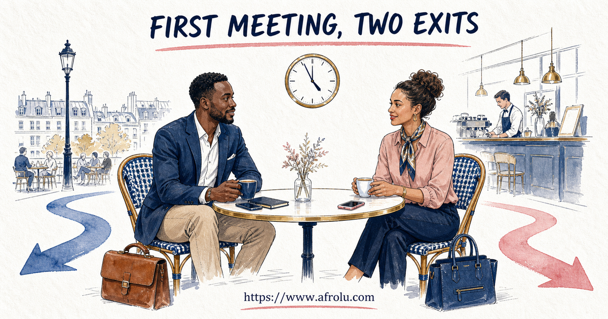 Two adults at a bright public Paris meeting keep separate arrival cards, return plans, phones and a clear closing time
