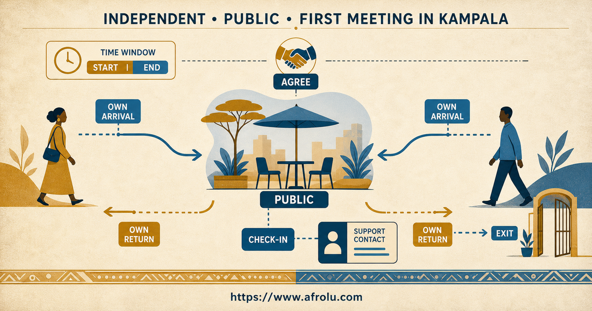 Two adults use separate arrivals and returns for one bounded occupied public meeting in Kampala