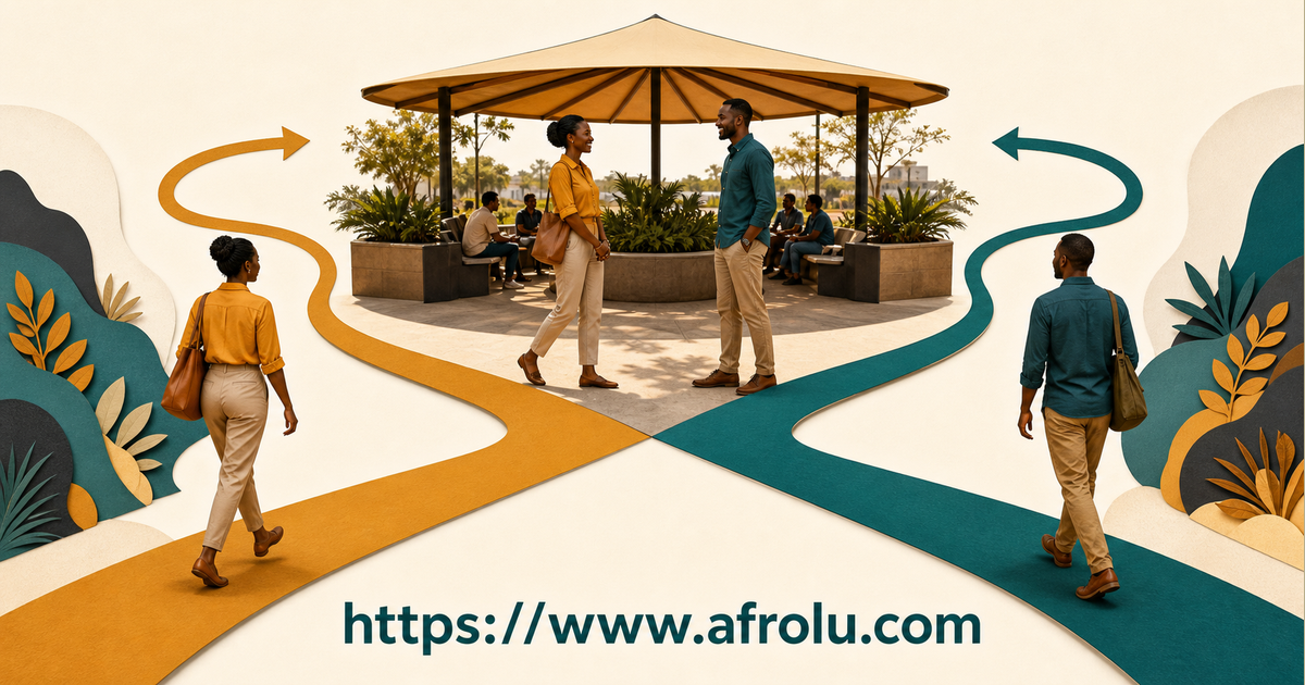 Two adult routes begin at private broad corridors and meet at a neutral public handoff without home pins