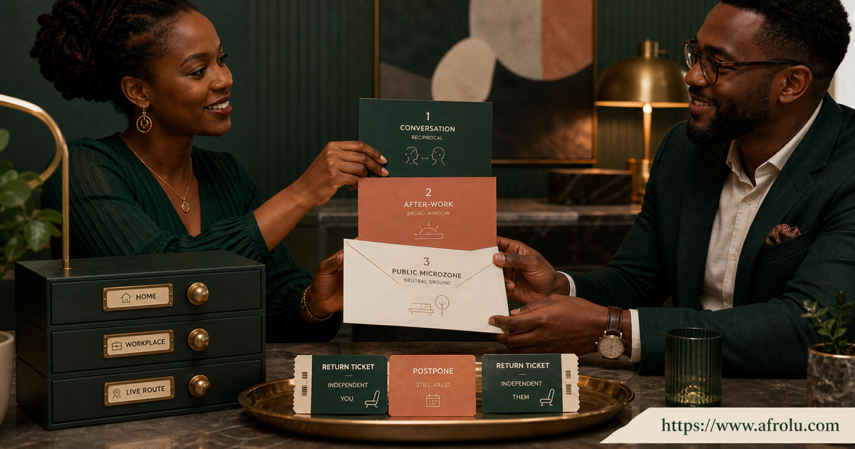 Two adults hand reciprocal conversation and a broad after-work window into a neutral Kilimani public microzone while home workplace and route stay closed