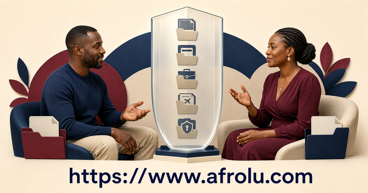 Kenya and United Kingdom travel documents bank records and identity files remain behind a private boundary while two adults talk