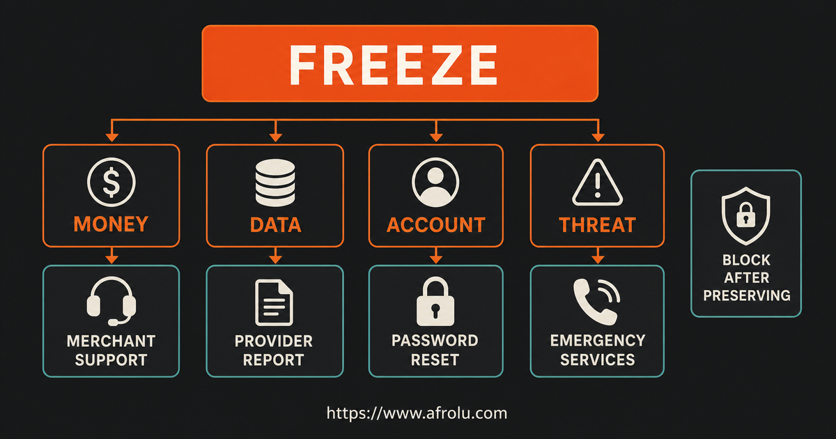 Charcoal and orange routing tree directs money to merchant support, data to provider reporting, account harm to password reset and threats to emergency services