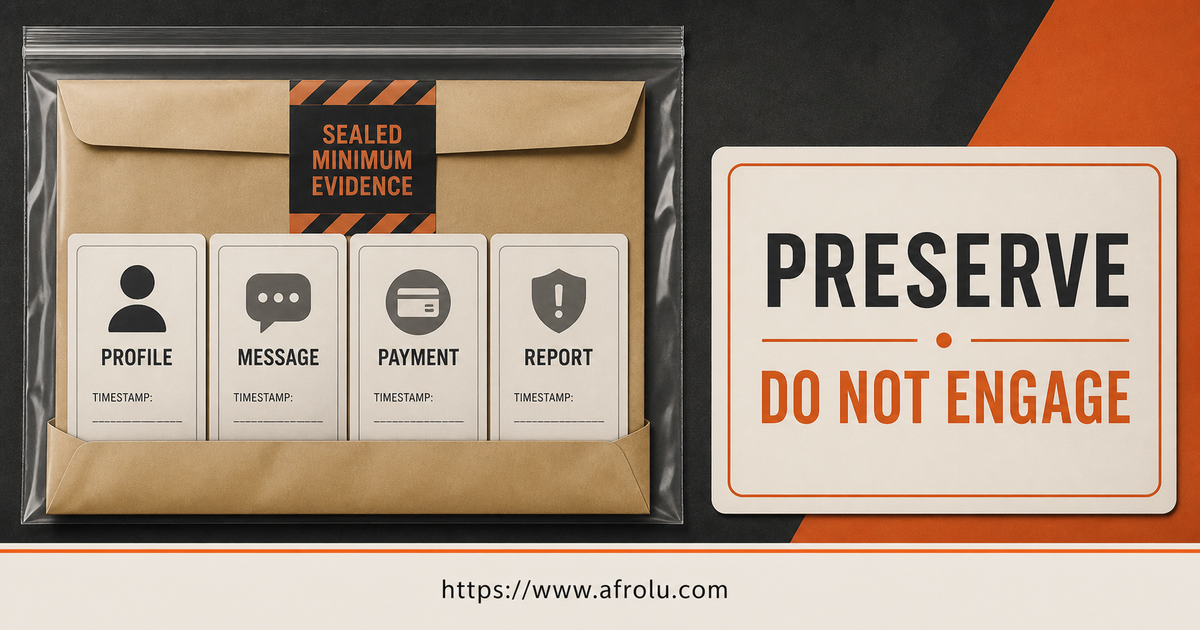 Sealed minimum evidence envelope stores profile, message, payment and report records with an instruction not to engage