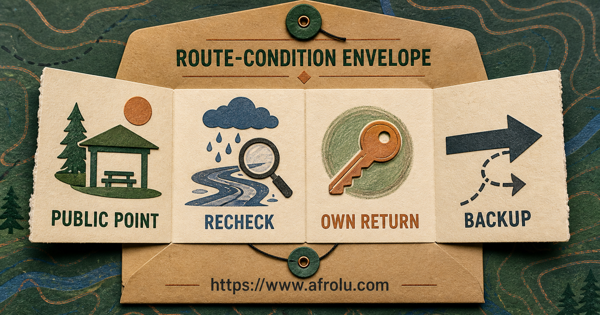 A Nanyuki route-condition envelope with current public point, weather recheck, independent return and backup folds