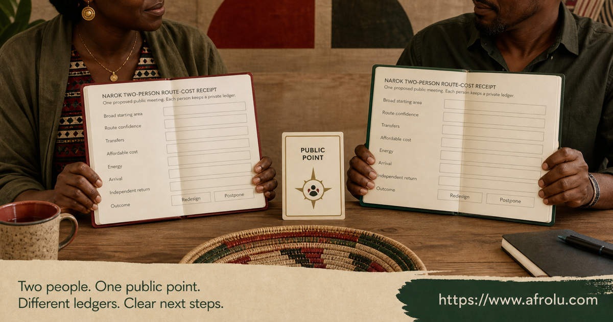 Two adult Kenyan readers keep separate blank Narok route cost ledgers for one abstract public meeting point