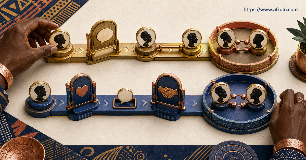 Golden opening-and-reply track and blue Like-Intro-mutual-interest track each lead to a balanced adult conversation ring