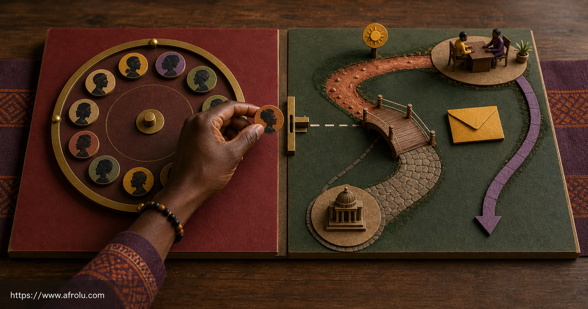 Adult hand pauses a profile token between a round screen-radius dial and a miniature current journey with bridge, public table and separate return