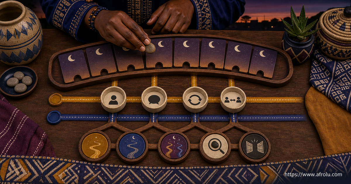 Exactly seven moon tiles feed gold and blue private evidence channels and a five-position decision tray