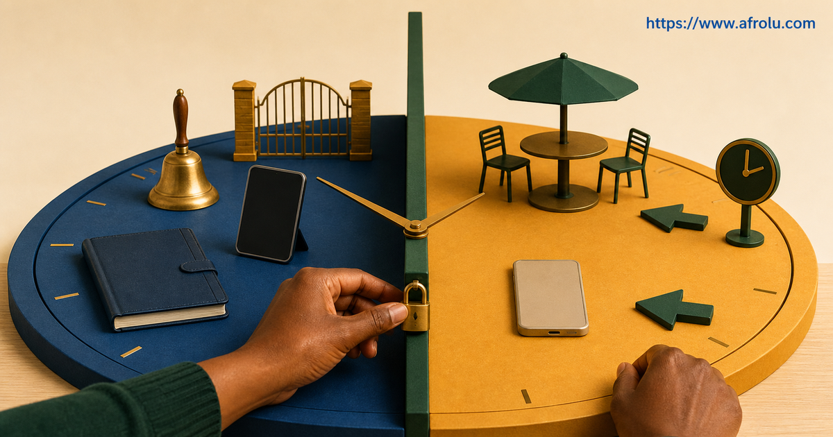 Adult hands lock a divider between a blue official-duty clock and a gold personal date clock with a public table and independent arrows