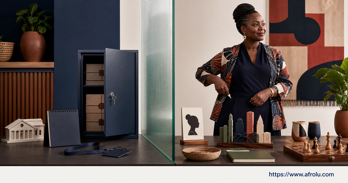 Adult Kenyan woman locks abstract school files behind glass while her personal profile side shows broad city and hobby objects