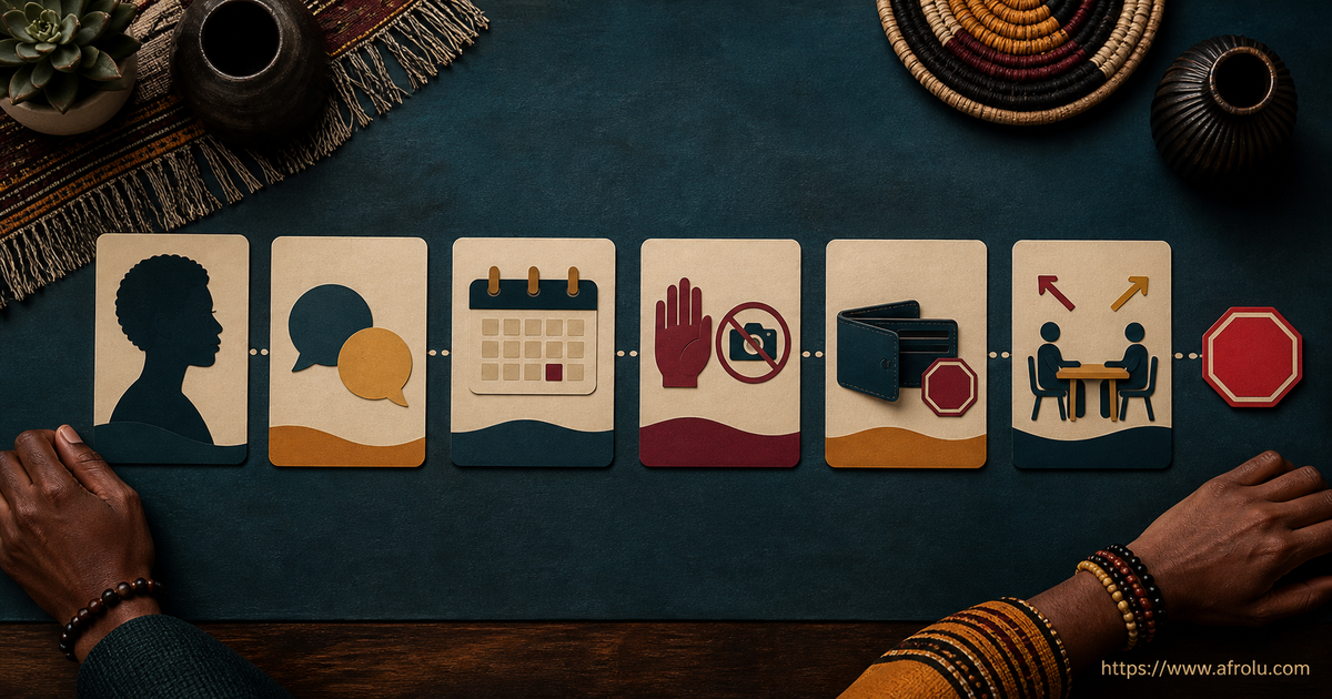 Six icon cards move from adult profile and reciprocal chat through calendar, no recording, no money, and a public meeting with a stop control