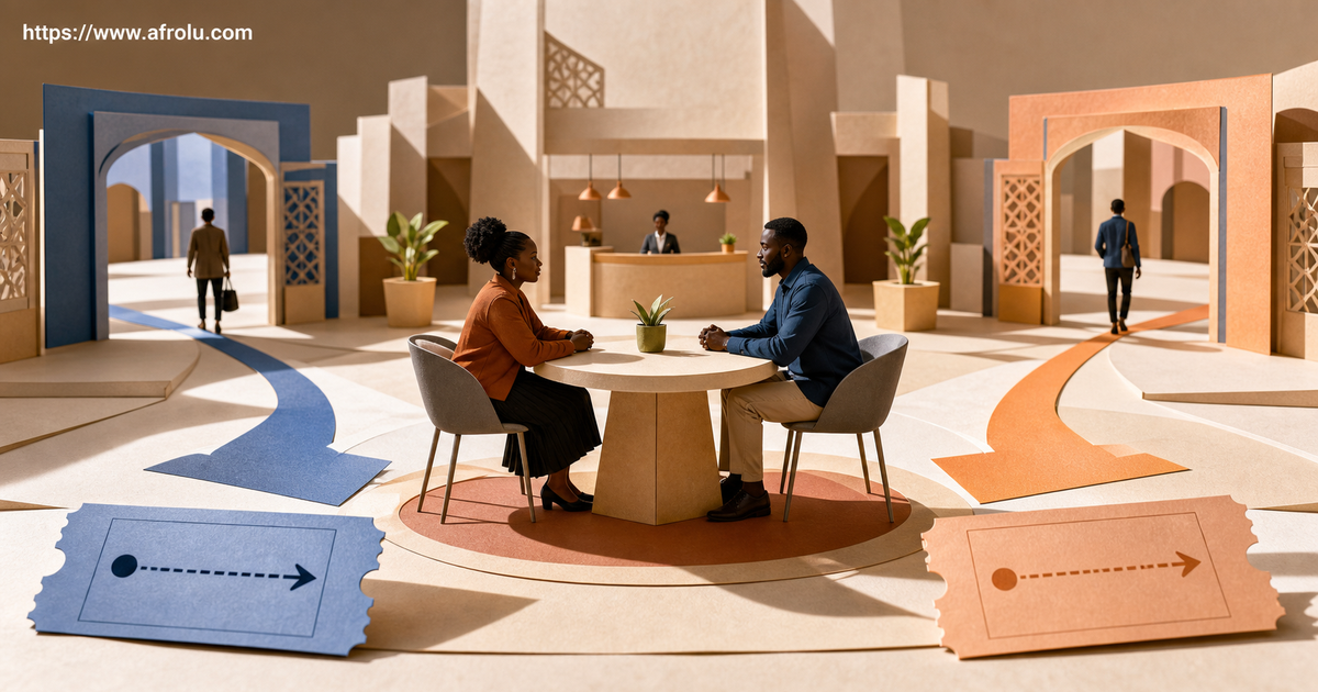 Two Kenyan adults sit apart at a staffed public table while blue and orange ticket paths lead to separate exits