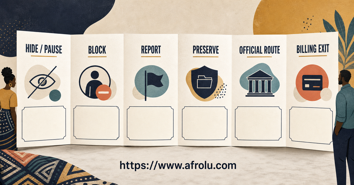 A foldout keeps app controls, evidence preservation, official reporting and billing exit as separate actions.