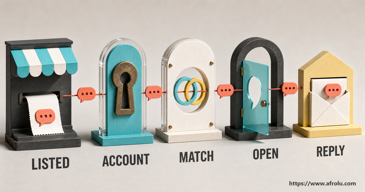 Five tactile gates separate a storefront listing, account creation, mutual match, allowed opening and another adult's reply