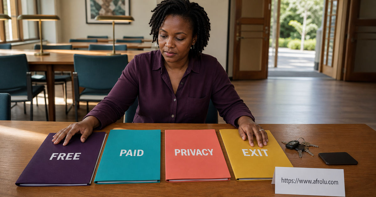 A Kenyan woman aged about 35 reviews separate FREE, PAID, PRIVACY and EXIT folders beside her own keys