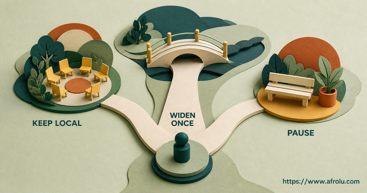 A paper-cut fork presents three equal Thika corridor choices: keep local, widen once, or pause