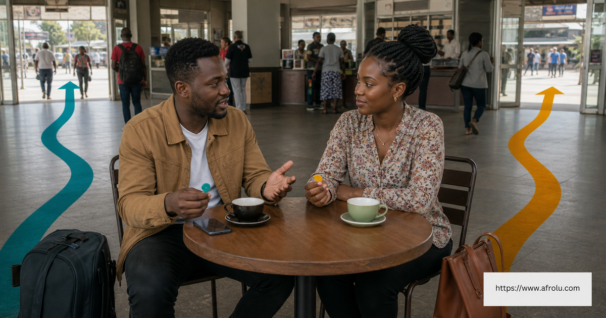 Two Kenyan adults aged about 30 meet in an occupied public concourse while teal and amber routes preserve separate returns