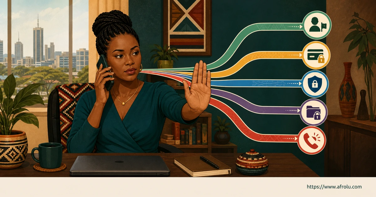 A Kenyan adult stops a suspicious call while five lines separate reporting and account actions