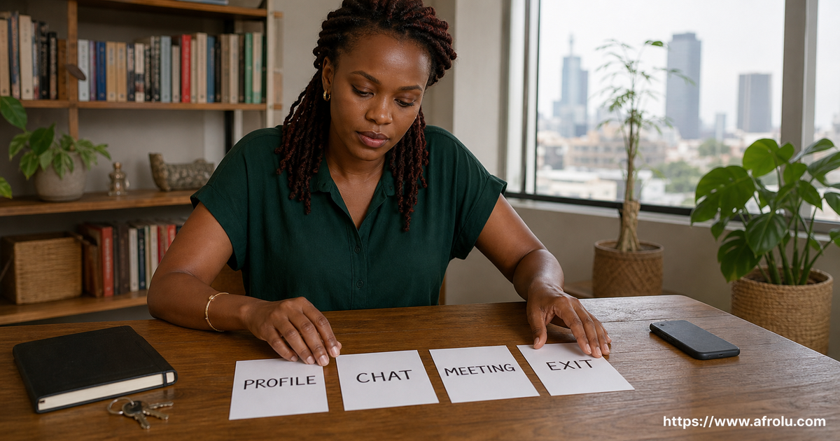 A Kenyan adult arranges four physical cards for profile, chat, meeting and exit while her phone remains face down.