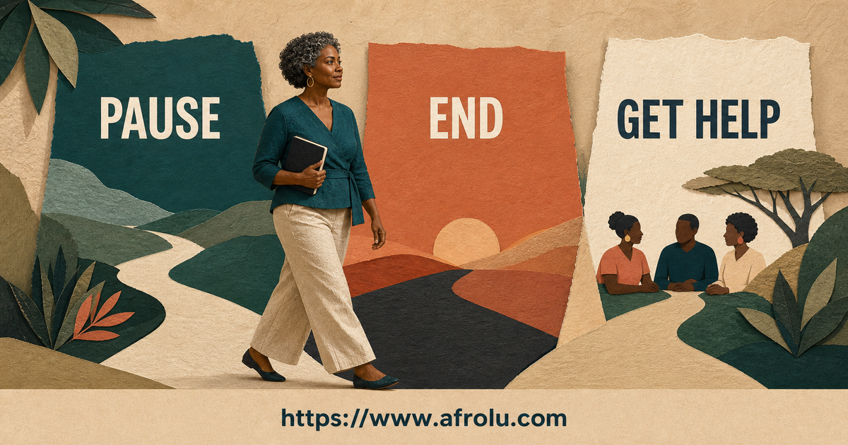 A Kenyan adult moves through calm editorial paths labelled pause, end and get help.