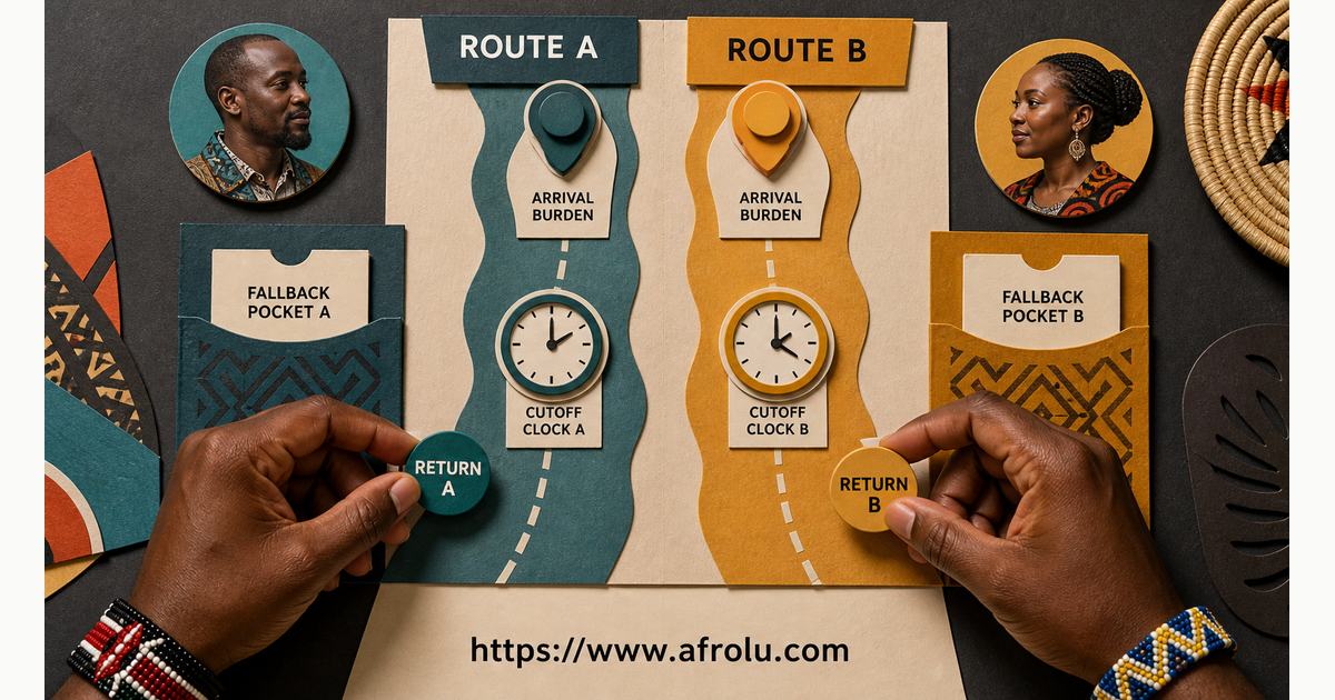 Two Kisii adults compare separate arrival routes, personal route burden and independent return options on a two-return receipt