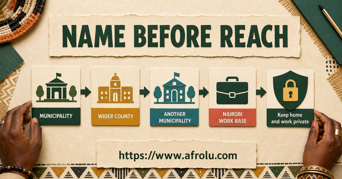 Four cards distinguish Kiambu municipality, wider county, another municipality and a Nairobi work base before a dating-app reach is set