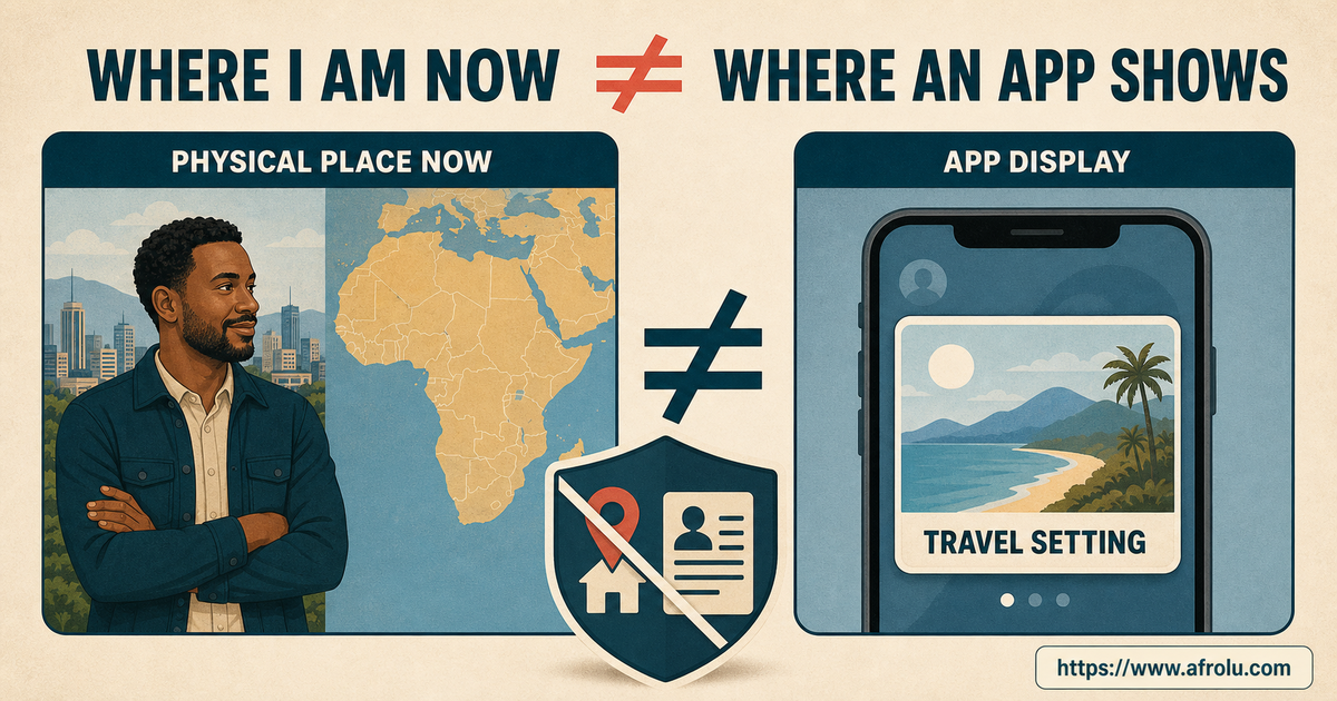 Two Kenya and Germany location cards separate a person's broad physical place from an app travel setting without an address live pin or ID