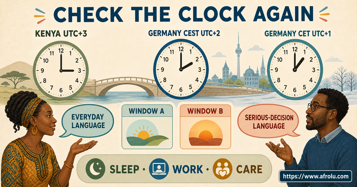 Kenya UTC plus three and Germany CET or CEST clocks sit beside two humane call windows and everyday versus serious-decision language bubbles