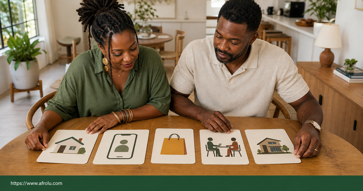 Two adults sort current home profile country app-store country meeting city and future home into five separate picture cards