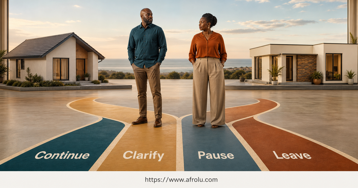 Two adults face four clear paths for continue clarify pause and leave while keeping two possible future homes visible