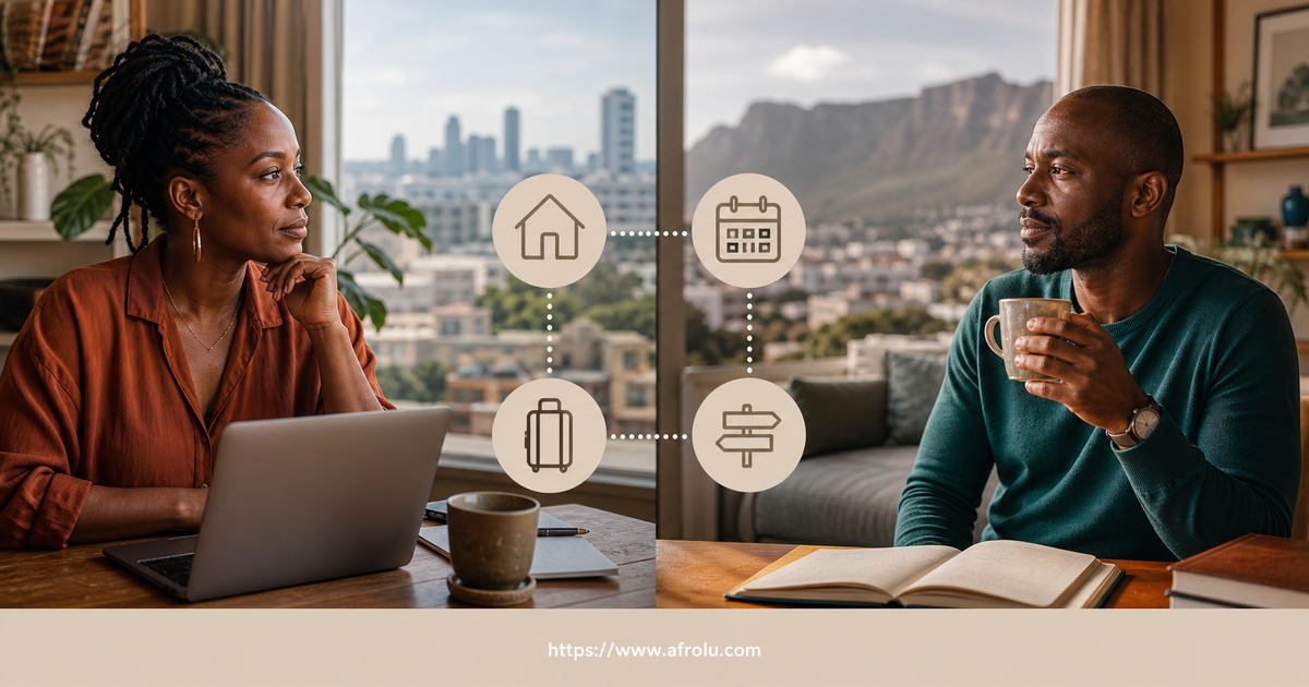 Two adults in Nairobi and Cape Town compare home calendar suitcase and future-home cards before making a serious relationship decision