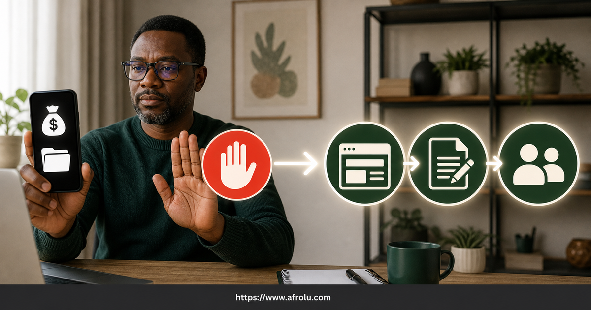 An adult refuses an urgent money and passport request and turns toward official check report and trusted-support symbols