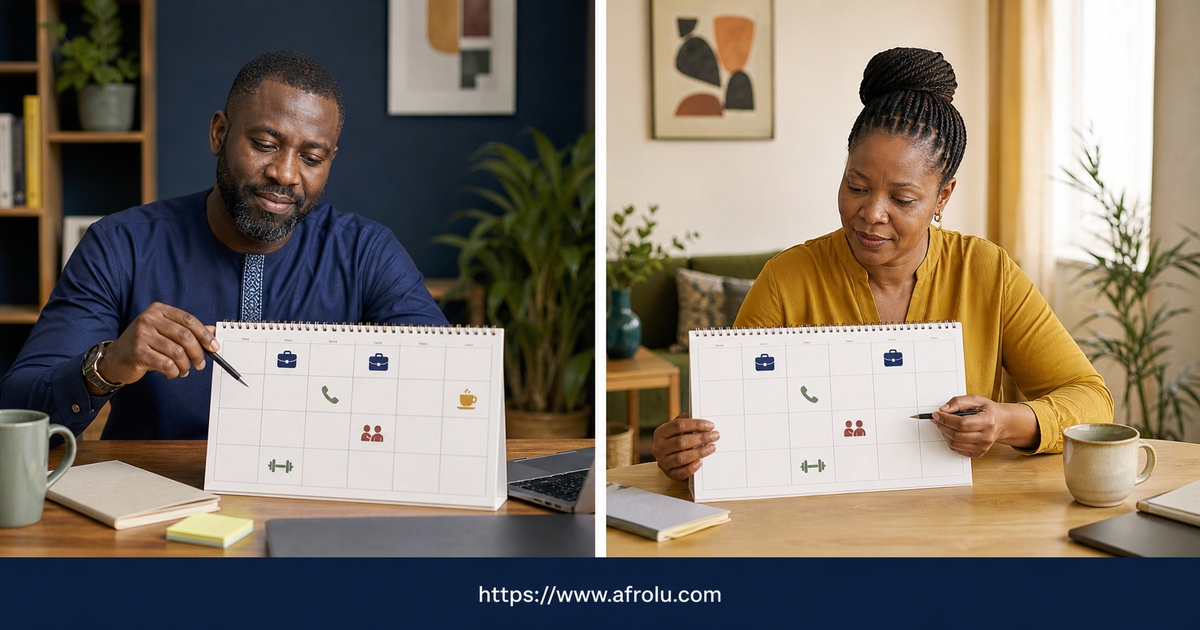 Two adults compare simple weekly calendars with repeatable calls rest work and one modest shared plan