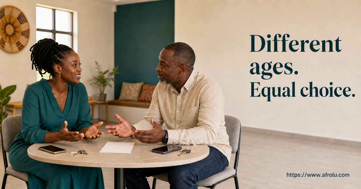 Two adult Kenyan partners sit on equal chairs beside an equal-choice card for age-gap dating