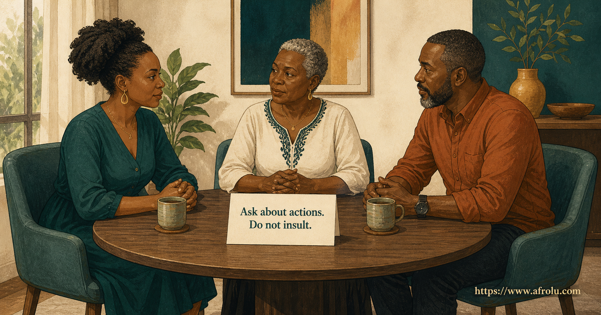 Two adult partners and a relative use an observed-behaviour card during an age-gap family talk
