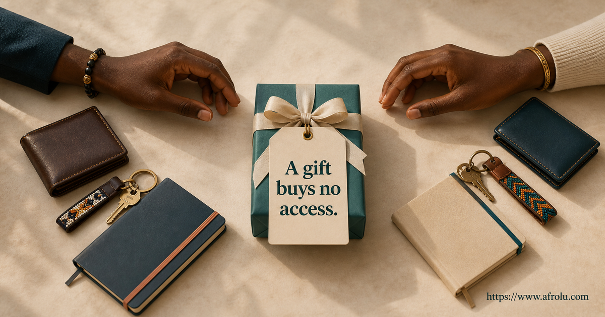 Two adults keep separate wallets and keys beside a gift card that says a gift buys no access