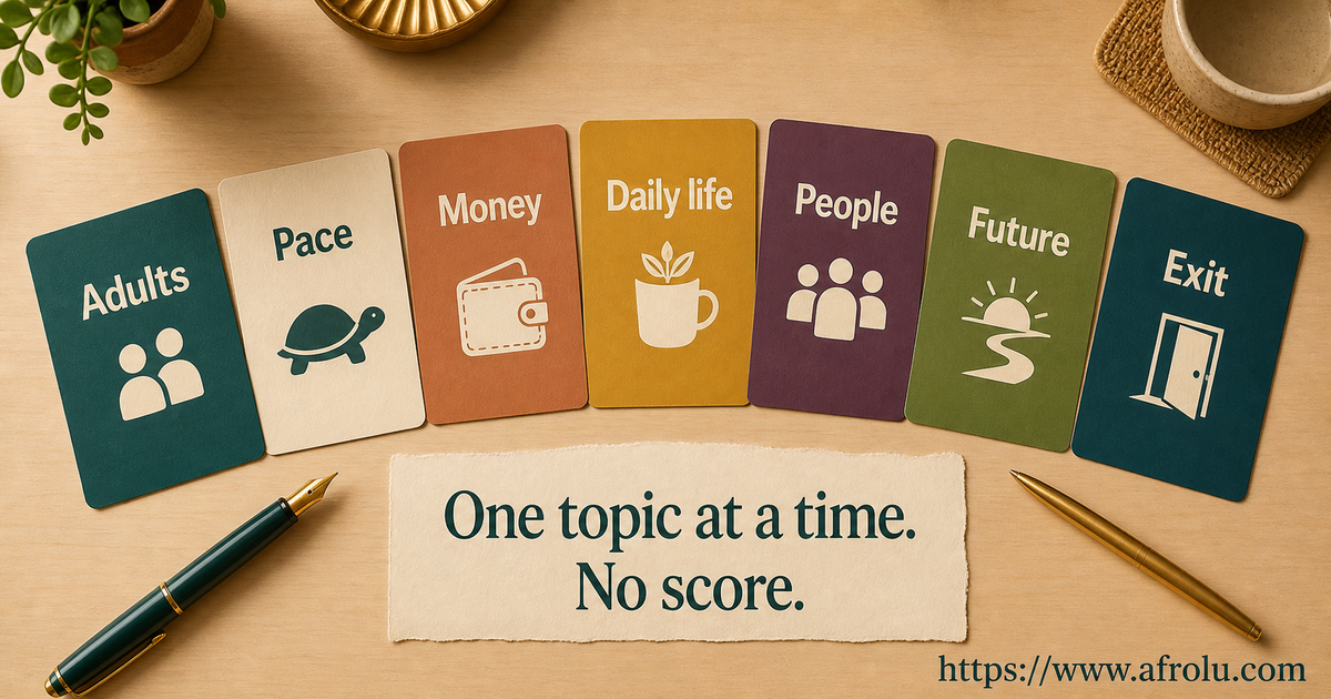 Seven large cards label adults, pace, money, daily life, people, future and exit for an age-gap talk