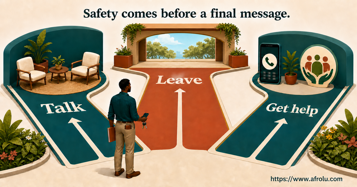 Three simple lanes show talk, leave and get help while an adult keeps phone keys documents and money