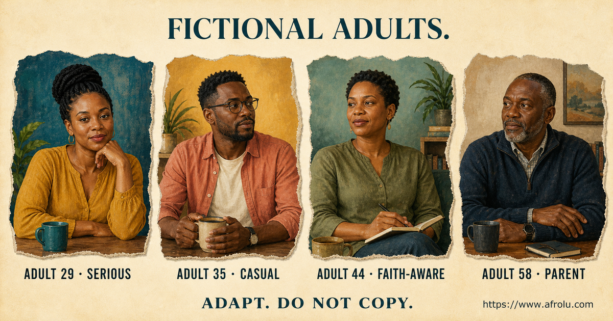 Four fictional Kenyan adults aged 29 35 44 and 58 show serious casual faith-aware and parent bio contexts