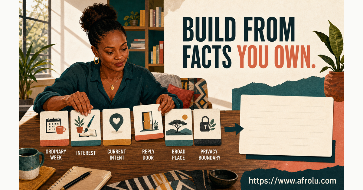 Adult Kenyan woman arranges six cards for ordinary week, interest, intent, reply, broad place and privacy before writing a dating bio