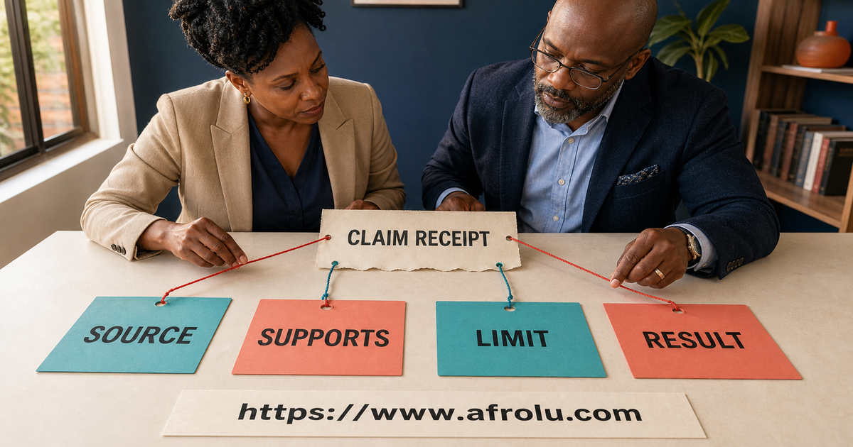 Two adult African app-review editors connect a claim receipt to source, supports, limit and result cards