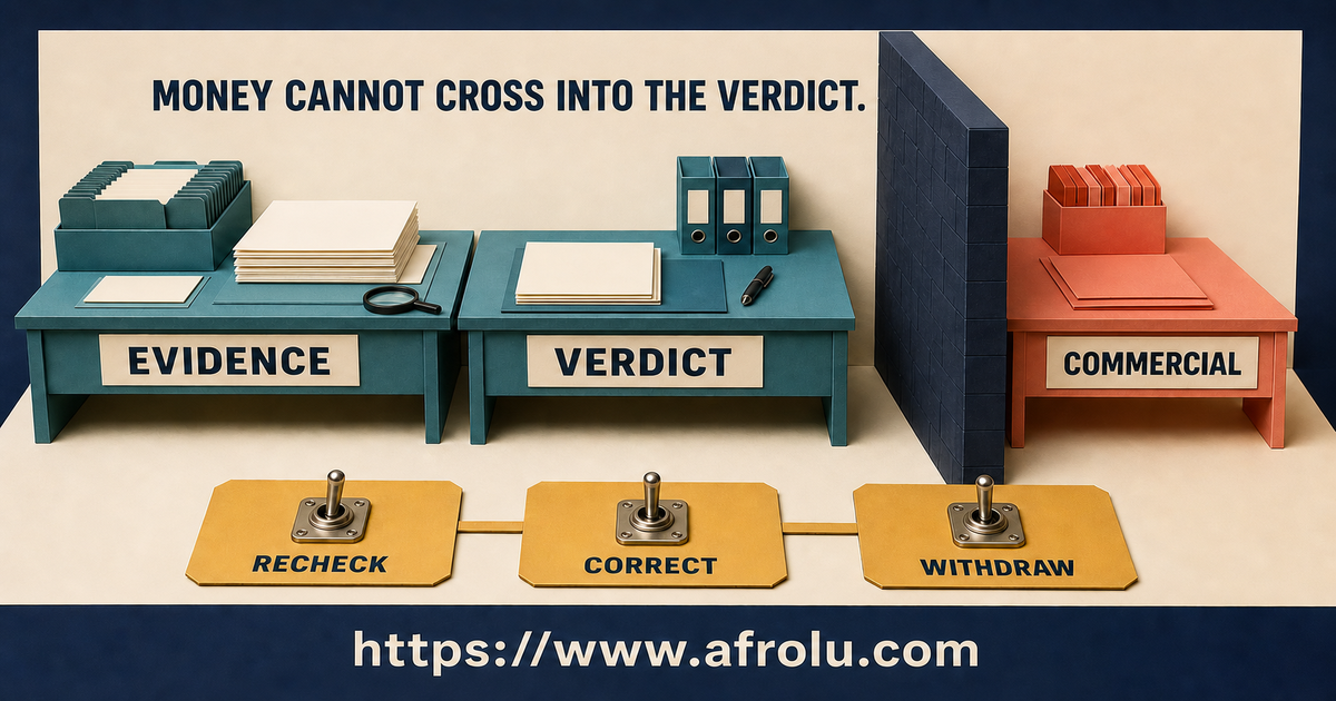 Evidence and verdict desks sit behind a solid firewall from commercial work while recheck correct and withdraw switches remain available