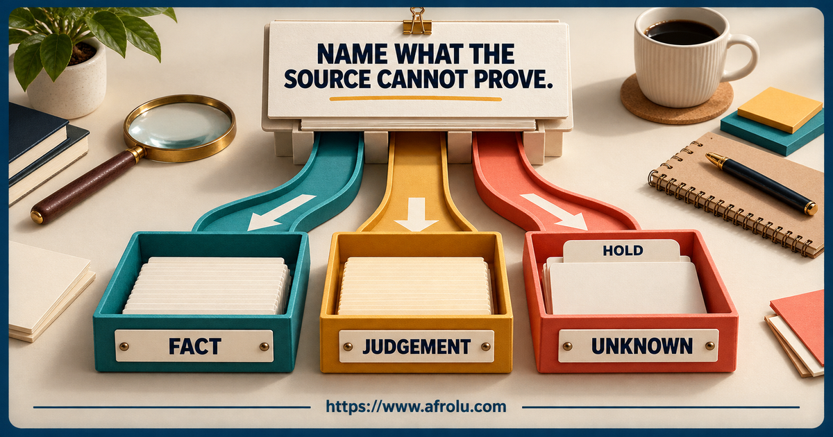 One source-backed app-review claim forks into fact judgement and unknown trays with an explicit hold card